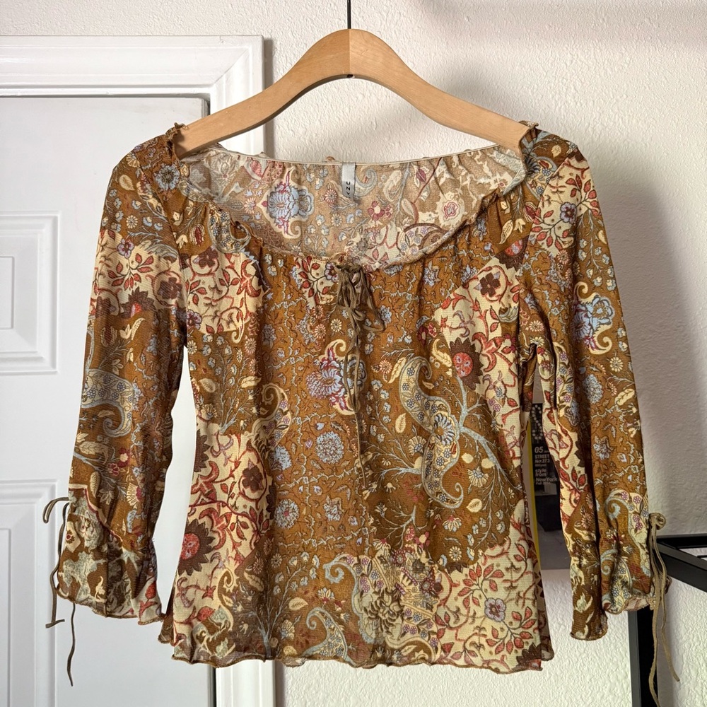 Unyx vintage y2k 90’s brown floral mesh‎ sheer off shoulder bell fairy cropped